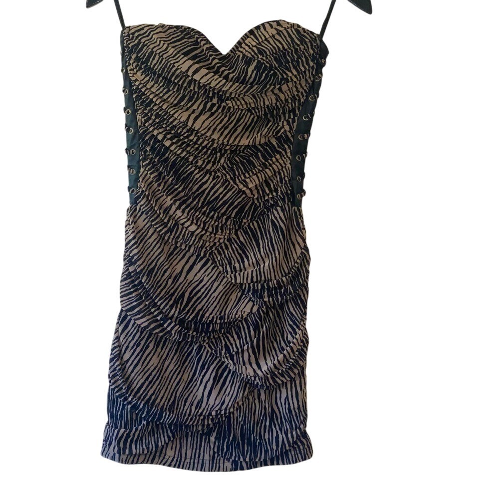 Entry Strapless Mini Dress Black Tan Zebra Print Bodycon Party Club